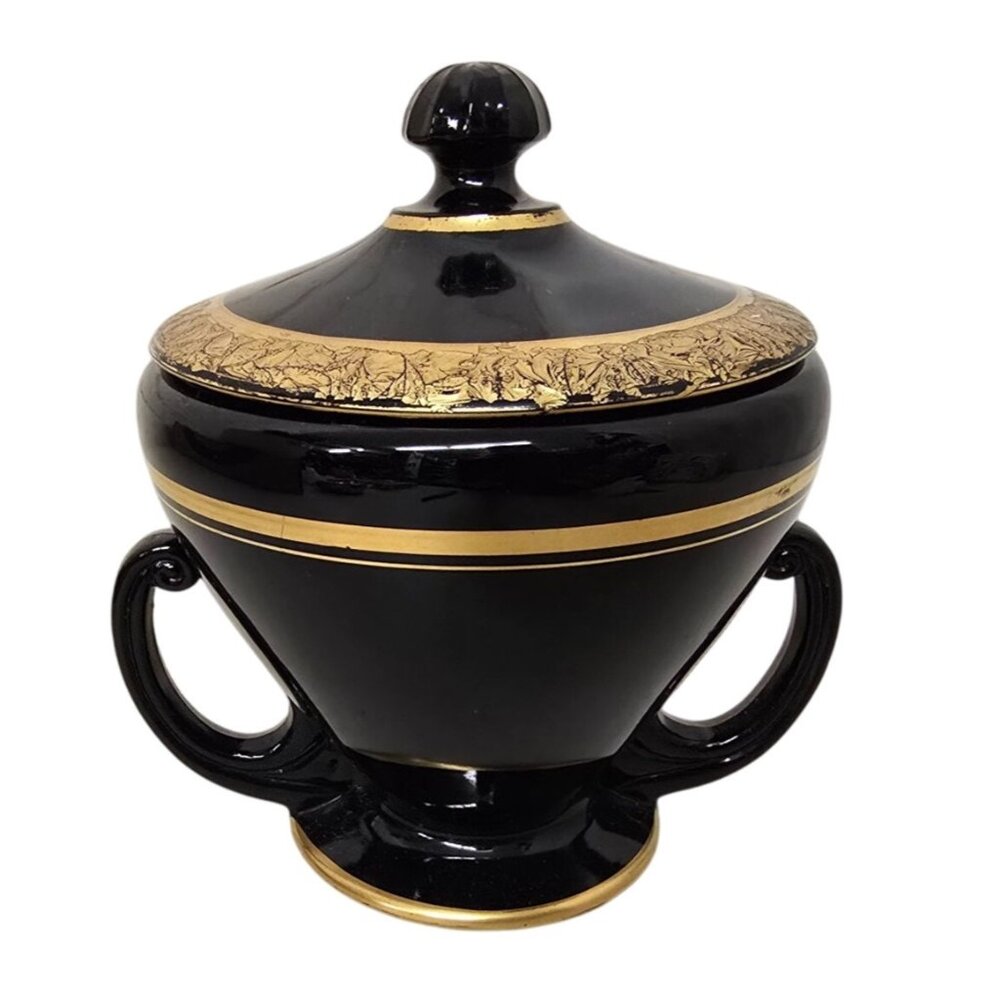 Vintage Black & Gold Porcelain Lidded Sugar Bowl Dual Handles